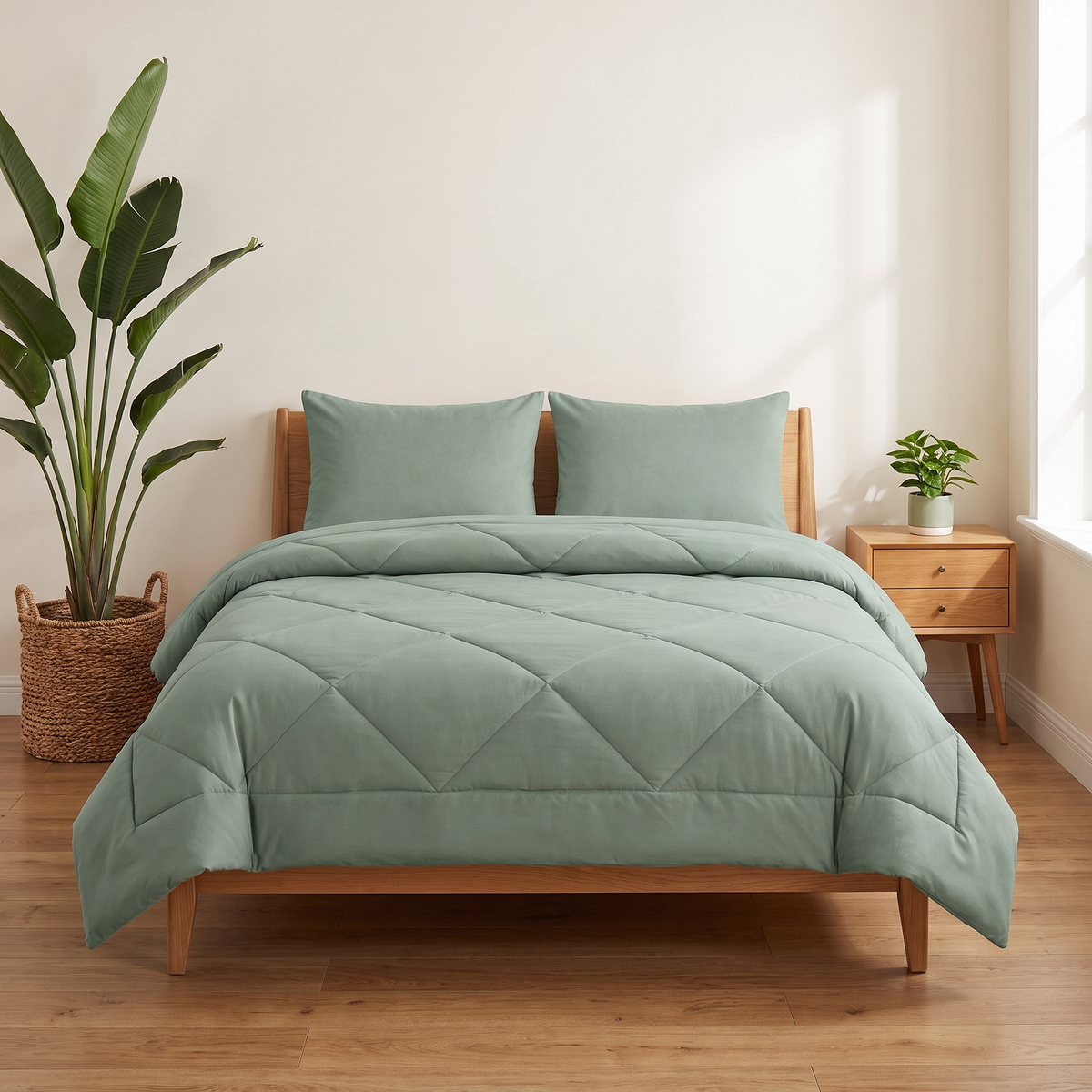 Nórdico 2 en 1 OZOVIO verde menta suave sobre una cama doble, funda cosida, sin sábanas