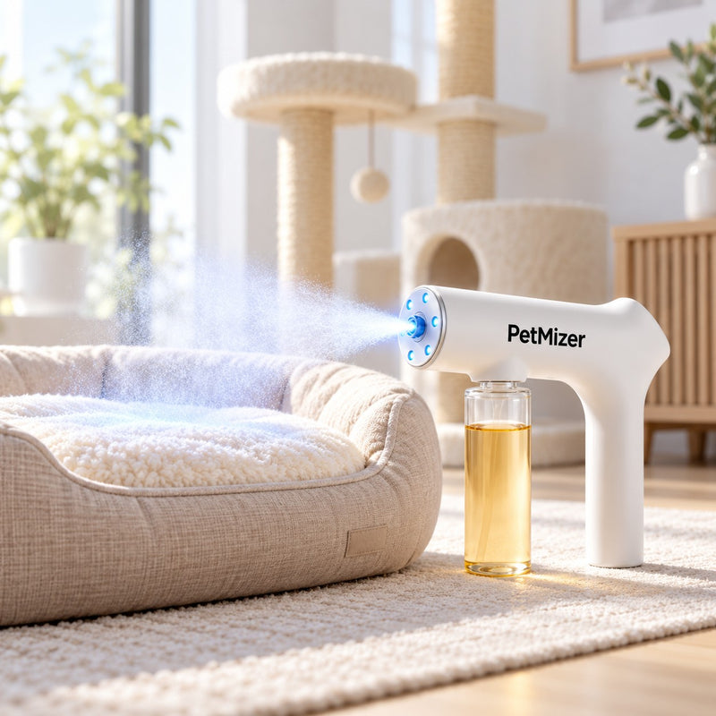 PetMizer on a pet bed and a cat tree